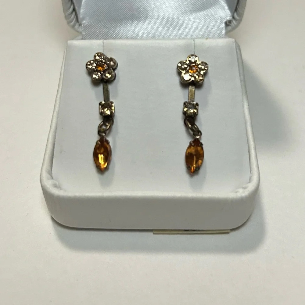 3/$20 Beautiful Orange Citrine Color Gold Tone Drop Floral Long Dangle Earrings